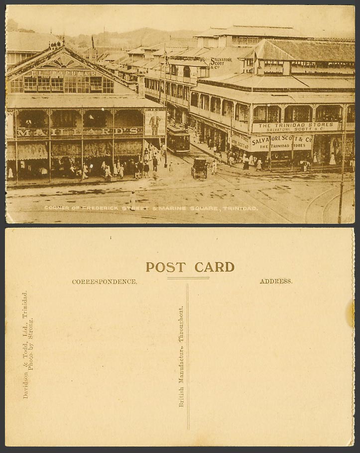 Trinidad Old Postcard Frederick Street Corner & Marine Square, Street Scene TRAM