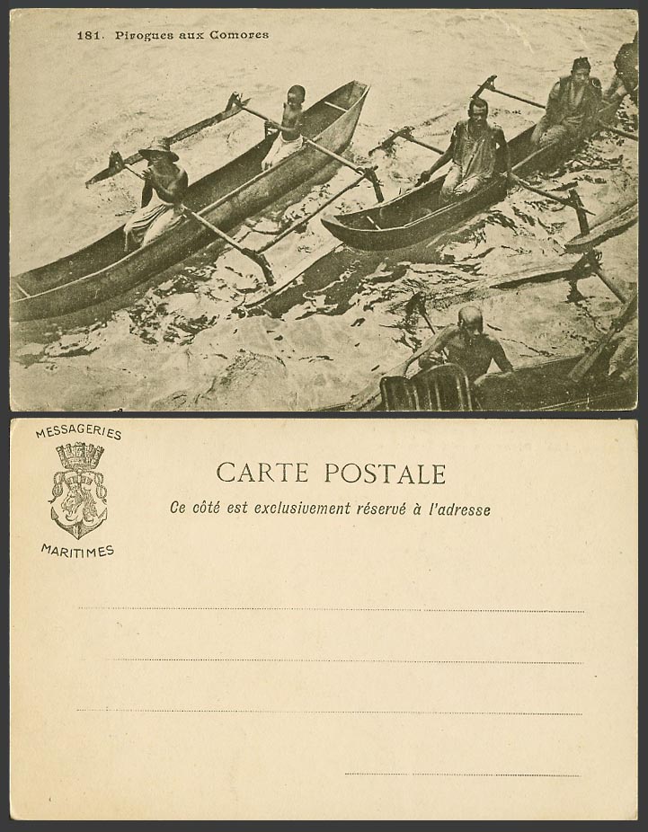 Comoros Old UB Postcard Native Men and Boy on Boats Canoes, Pirogues aux Comores
