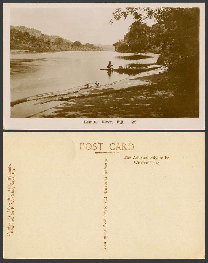 Fiji Old Real Photo Postcard Lekutu River Scene, Native Man on Native Boat Canoe