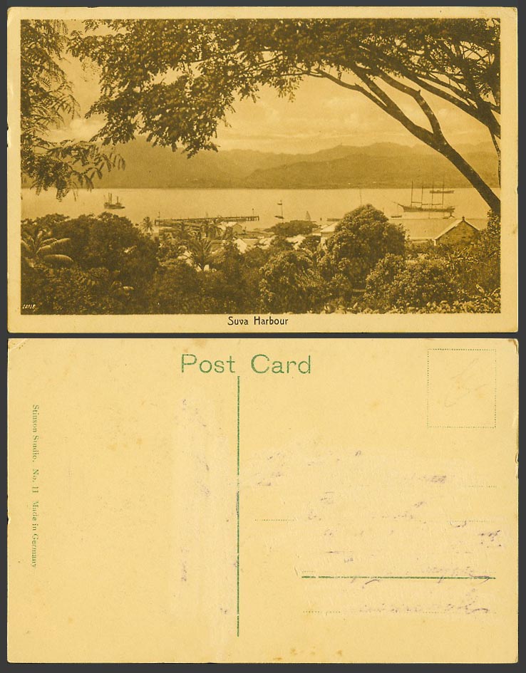 Fiji Old Postcard SUVA Harbour, Ships Boats and Panorama, Stinson Studio No. 11