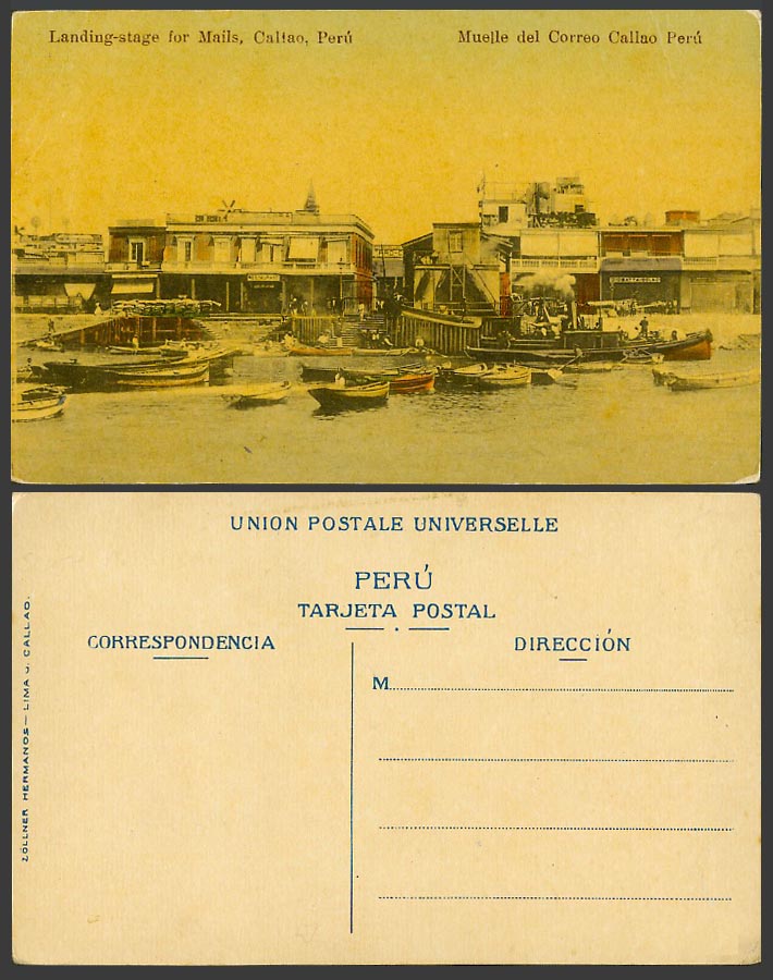 Peru Old Colour Postcard Landing Stage for Mails Callao Restaurant Boats Harbour