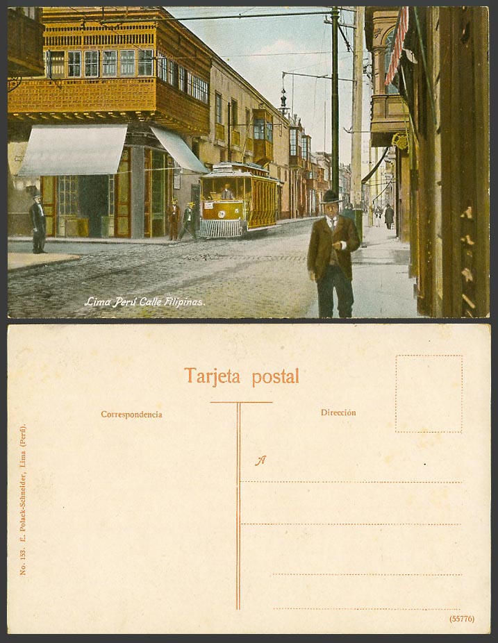 Peru Old Colour Postcard Lima Peru Calle Filipinas Street Scene and TRAM Tramway