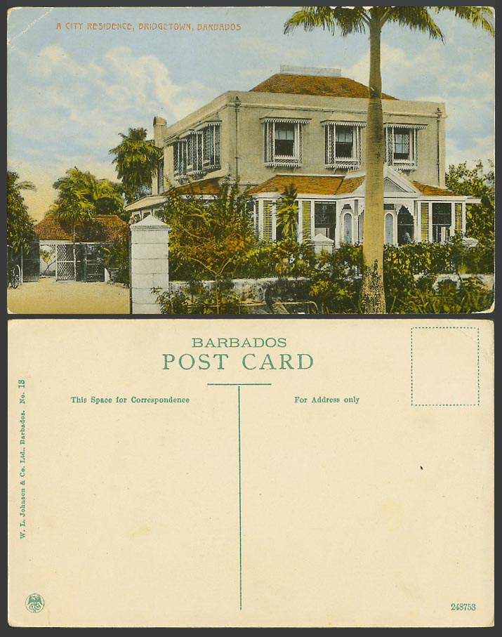 Barbados Old Colour Postcard A City Residence Bridgetown House Palm Trees B.W.I.