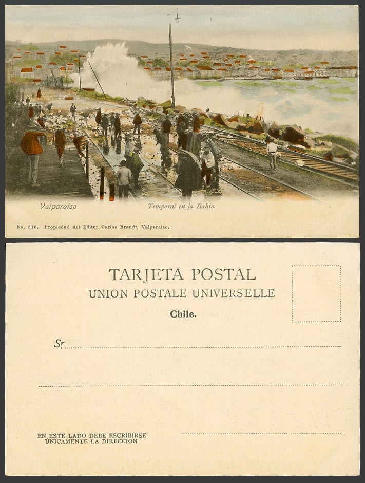 Chile Old UB Hand Tinted Postcard Valparaiso Temporal Bahia, Rough Sea Railroads