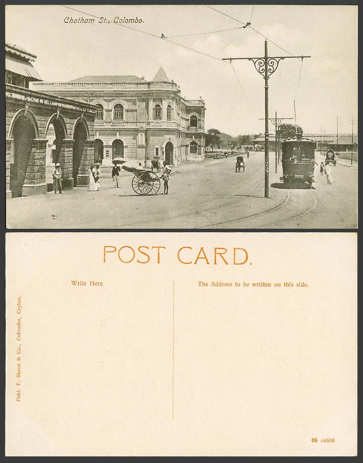 Ceylon Old Postcard Chatham St Street Scene Colombo TRAM Tramway Rickshaw Coolie