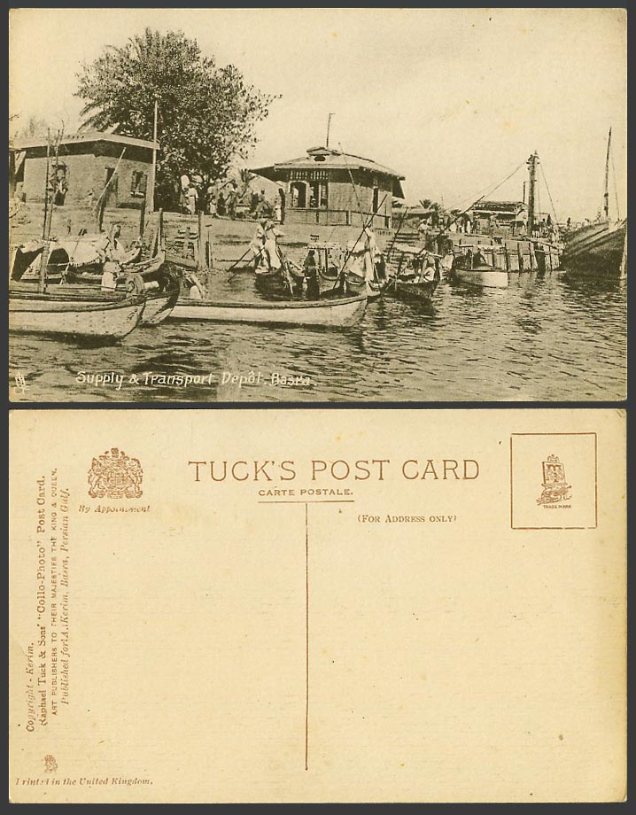 IRAQ Old Tuck's Postcard BASRA Supply Transport Depot, Native Boats Harbour Quay