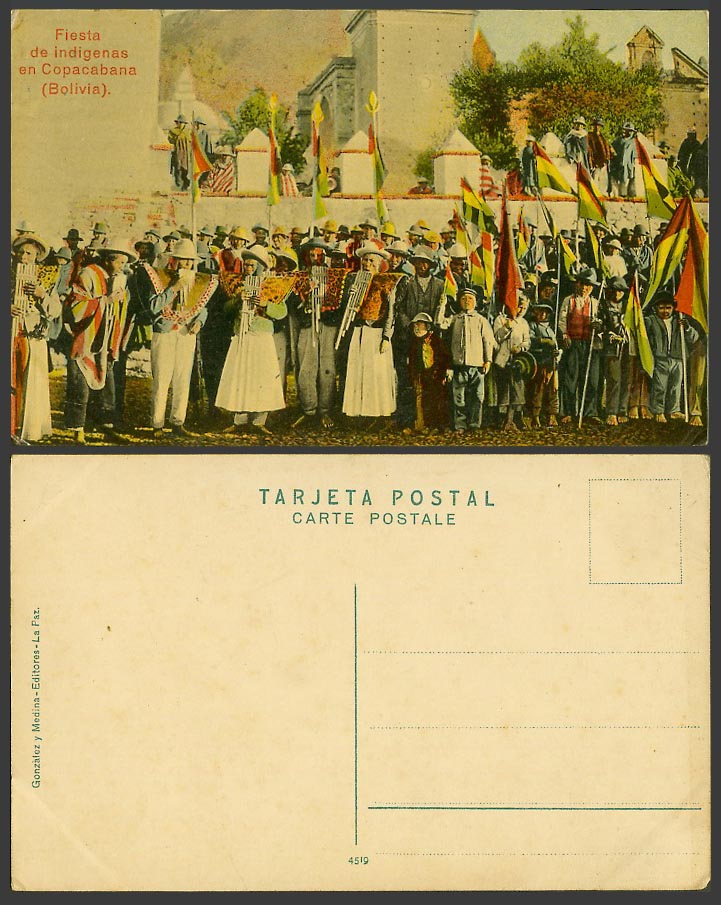 Bolivia Old Postcard Fiesta Indigenas, Copacabana, Indigenous Festival Pan Flute
