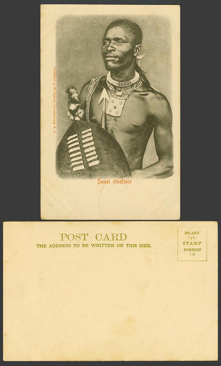 Swaziland Old UB Postcard Swazi Chieftain Native Chief & Shield, African Royalty