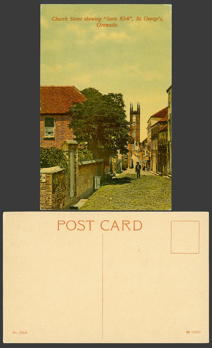 Grenada Old Postcard Church Street Scene Scots Kirk and Clock Tower St. George's