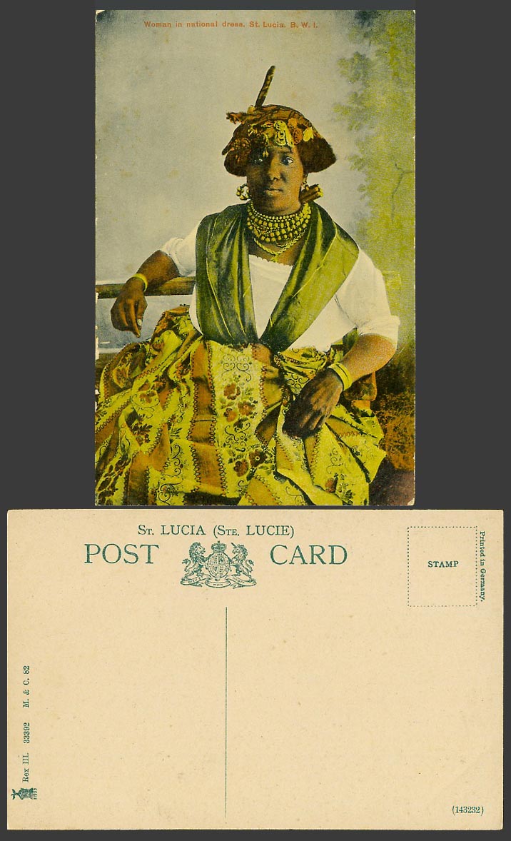 Saint St. Lucia Old Colour Postcard Native Woman in National Dress, Costumes BWI