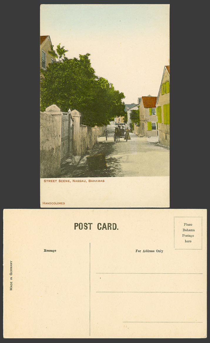 Bahamas Old Hand Tinted Postcard Nassau, Street Scene, Horse Cart, Handcoloured