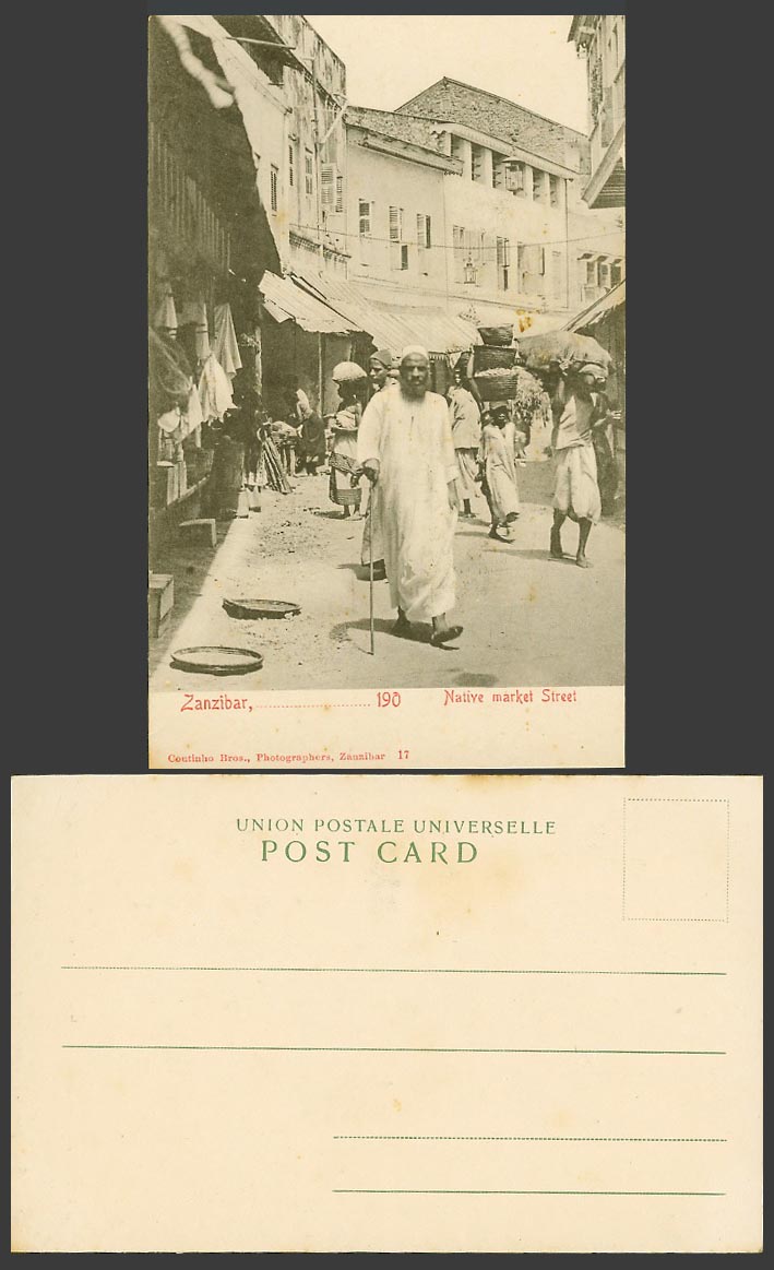 Zanzibar c1900 Old UB Postcard Native Market Street Scene Man with walking Stick