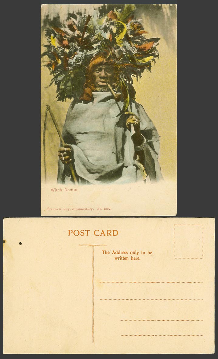 South Africa Old Colour Postcard Witch Doctor, Native Man Smoking Pipe, Costumes