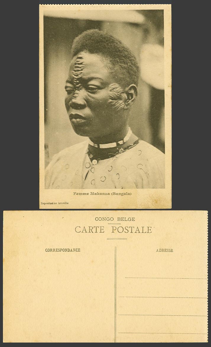 Belgian Congo Old Postcard Femme Makanza, Bangala, Mankanza Woman, Scarification