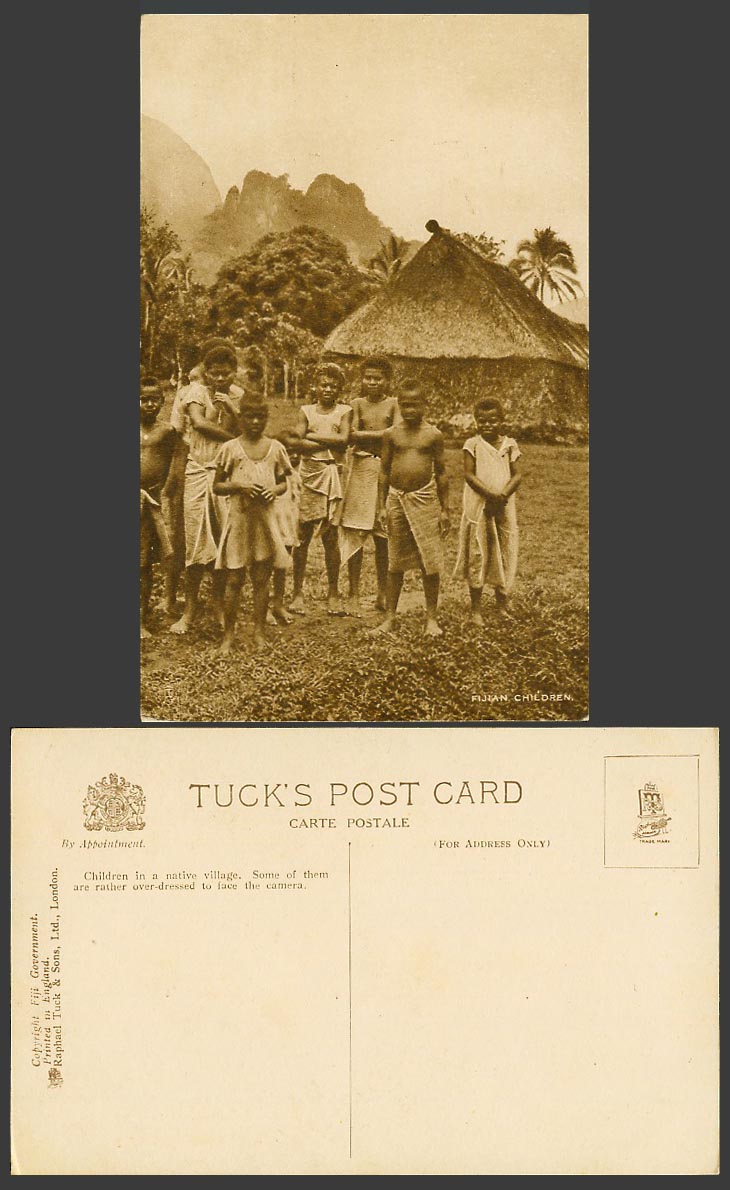 Fiji Old Tuck's Postcard Native Fijian Children in Native Village - Over-Dressed