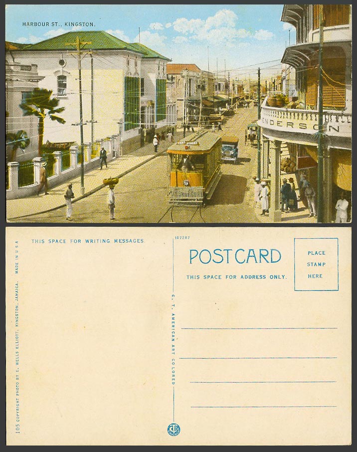 Jamaica Old Colour Postcard Harbour St. Street Kingston East Street TRAM Tramway