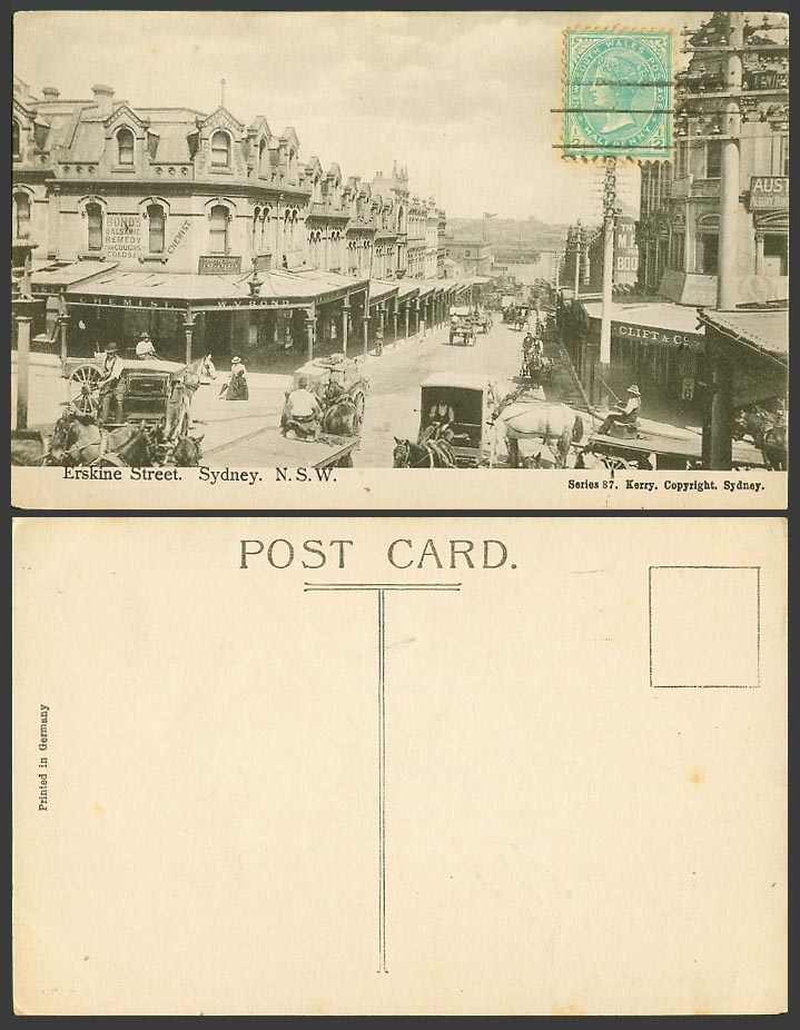Australia QV 1/2d Old Postcard Sydney, Erskine Street N.S.W. Horse Carts Chemist