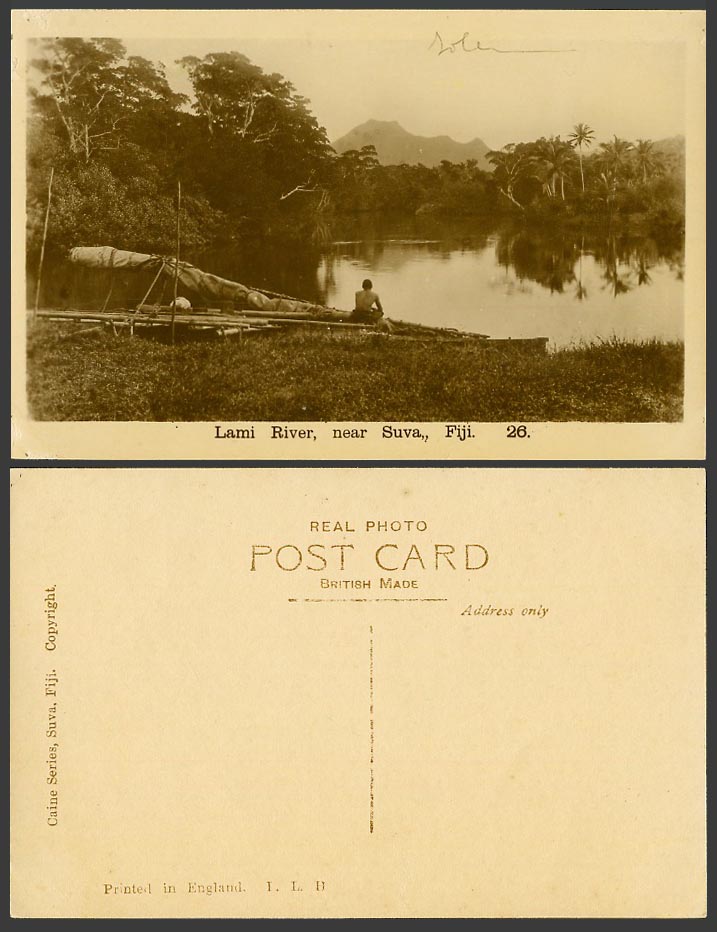 Fiji Old Real Photo Postcard Lami River Scene near Suva Native Man Palm Trees 26
