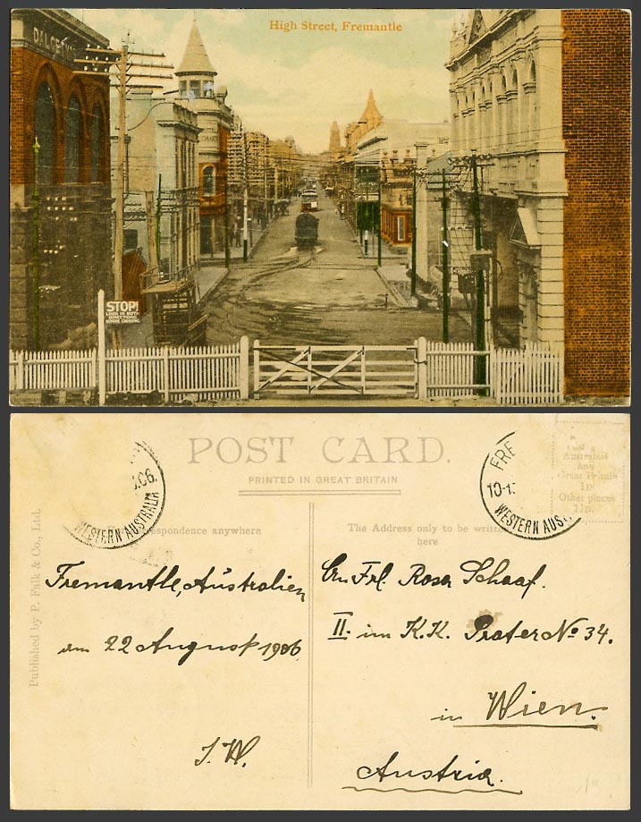 Australia 1906 Old Colour Postcard Fremantle High Street Scene TRAM Tramway STOP