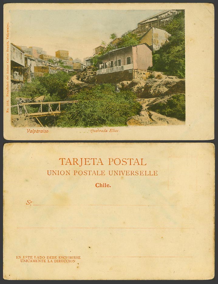 Chile Old Hand Tinted UB Postcard Valparaiso, Quebrada Elias, Bridge, Valparaíso