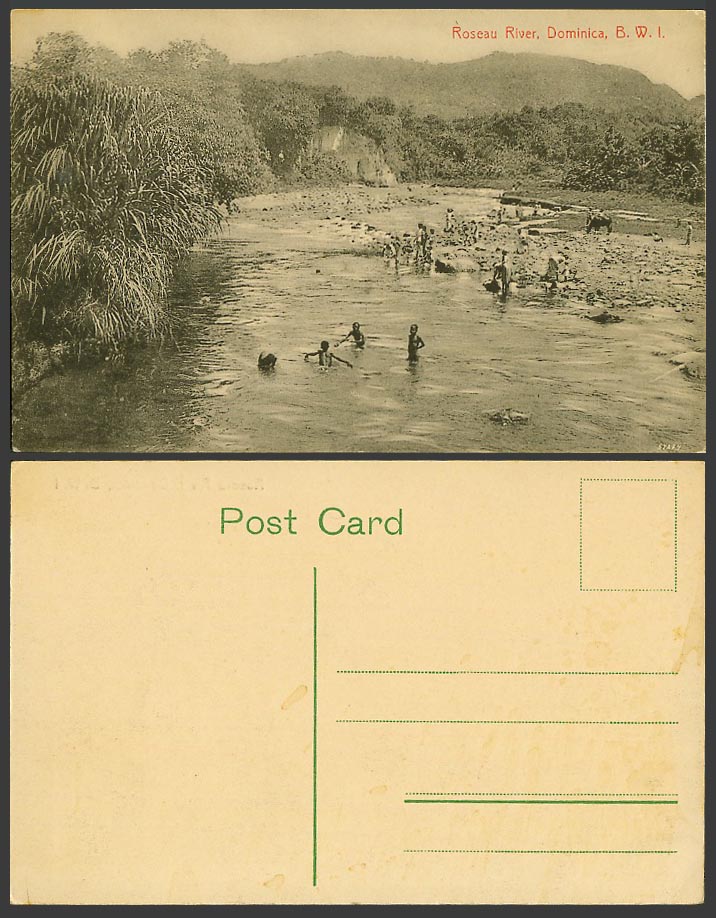 Dominica Old Postcard Roseau River Scene Native Children Bathers Washerwomen BWI