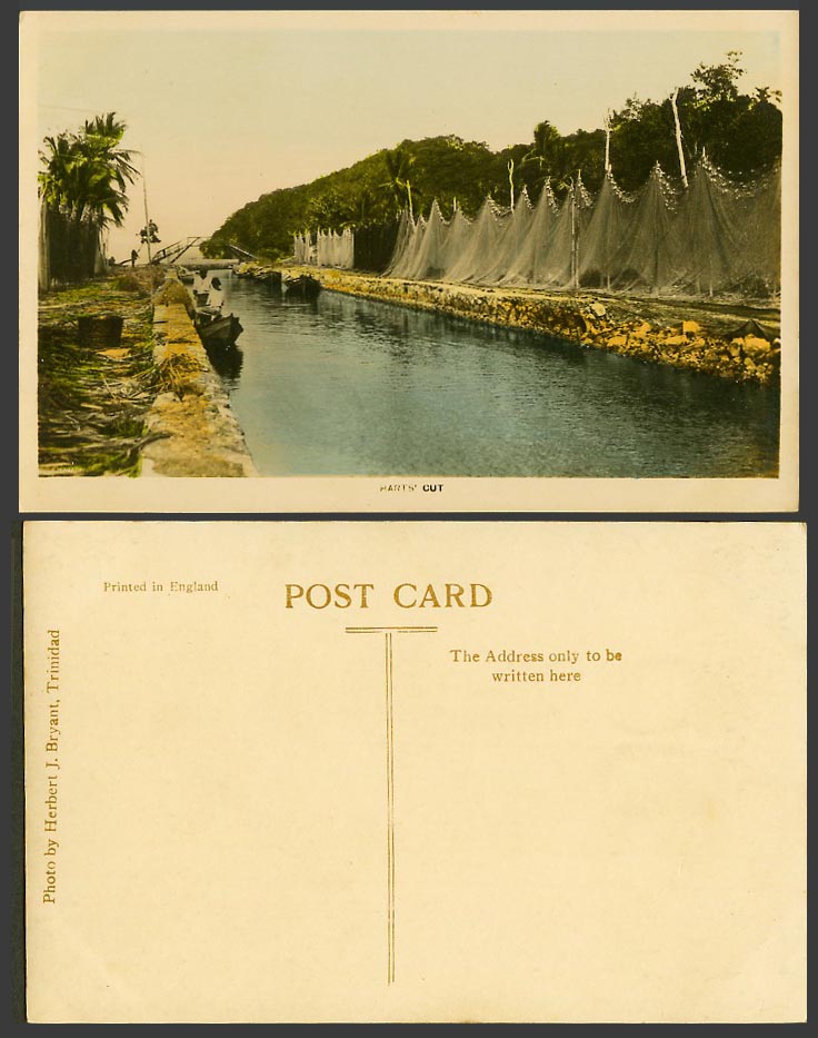 Trinidad Old Postcard Hart's Cut, River Scene Bridge Boats, Hanging Fishing Nets