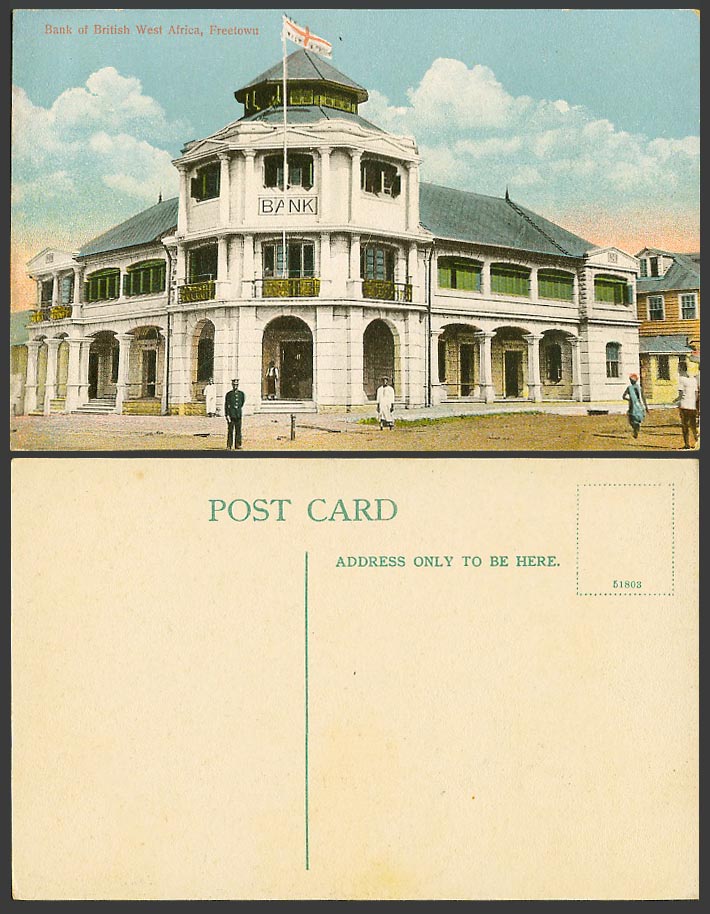Sierra Leone Old Color Postcard Freetown Bank of British West Africa Police Flag