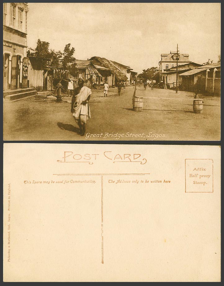 Nigeria Old Postcard Lagos Great Bridge Street Scene Barrels Water Pump Fountain