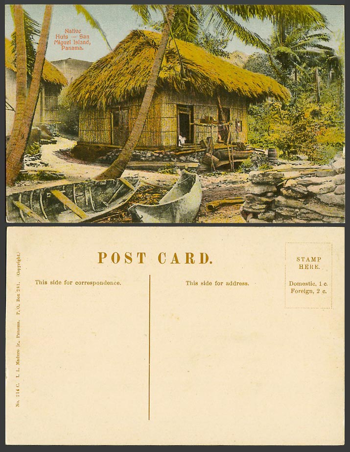 Panama Old Colour Postcard Native Huts Houses San Miguel Boats Canoes Palm Trees