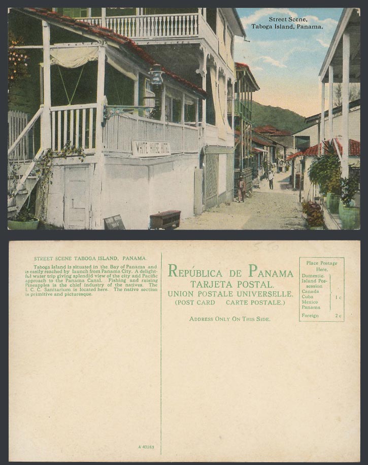 Panama Old Colour Postcard Taboga Island Street Scene showing White House Hotel