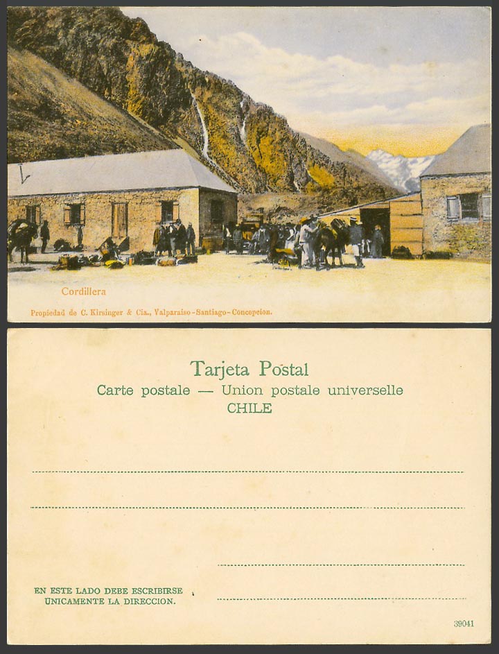 Chile Old Colour UB Postcard Cordillera Mountains Natives Men with Horses Houses