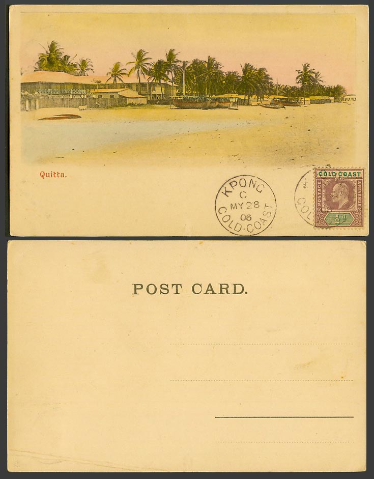 Gold Coast KE7 1/2d Kpong 1906 Old Postcard Quitta, Beach Boats Palm Trees Ghana