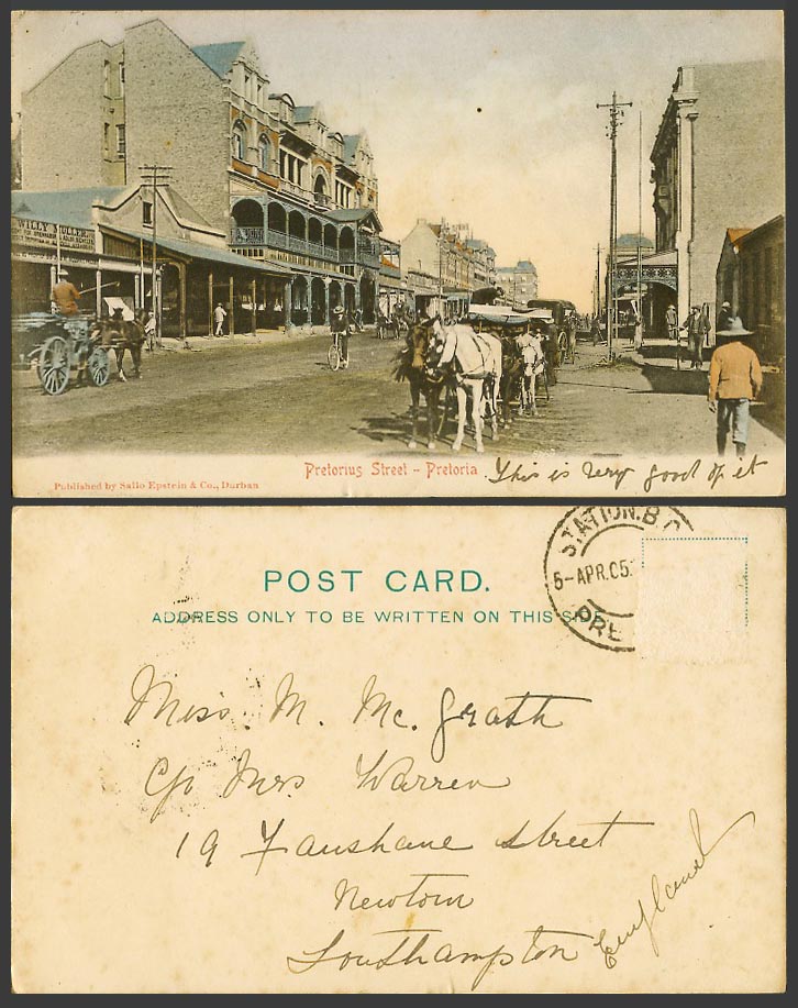 South Africa 1905 Old Hand Tinted Postcard Pretoria Pretorius Street Horses Bike