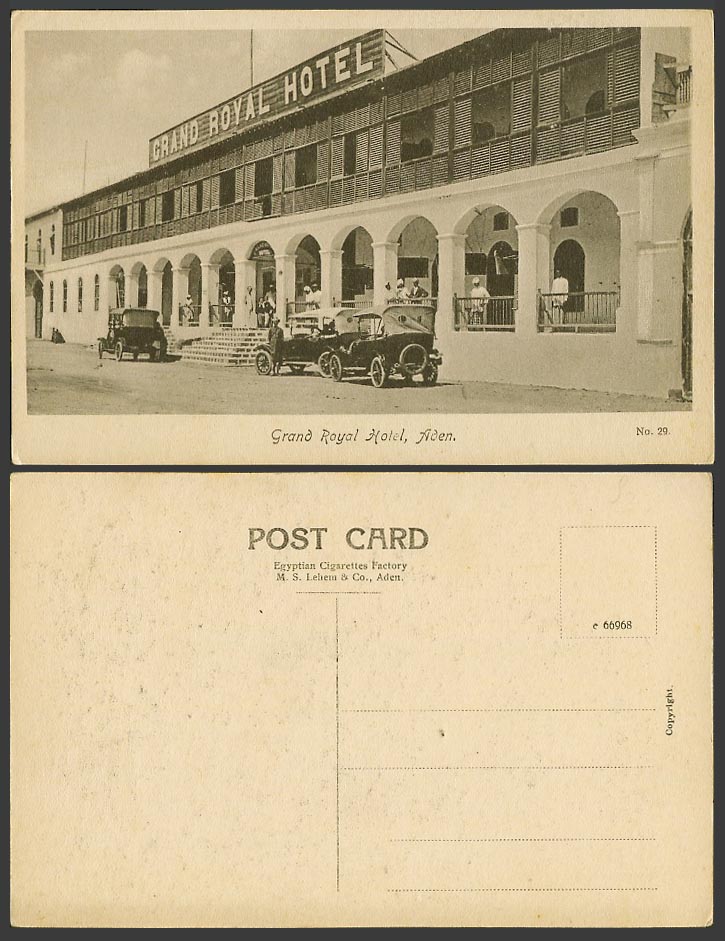 Aden Yemen Old Postcard Grand Royal Hotel, Street Scene, Vintage Motor Cars N.29