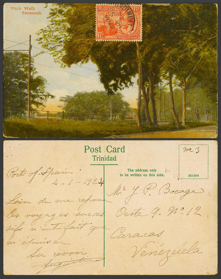 Trinidad KG5 1 1/2d 1924 Old Colour Postcard Pitch Walk Savannah Br. West Indies