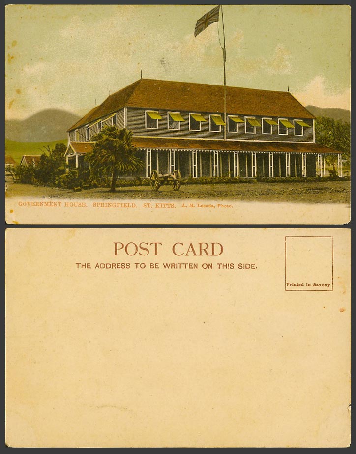 Saint St. Kitts Old UB Postcard Government House Springfield British Flag B.W.I.