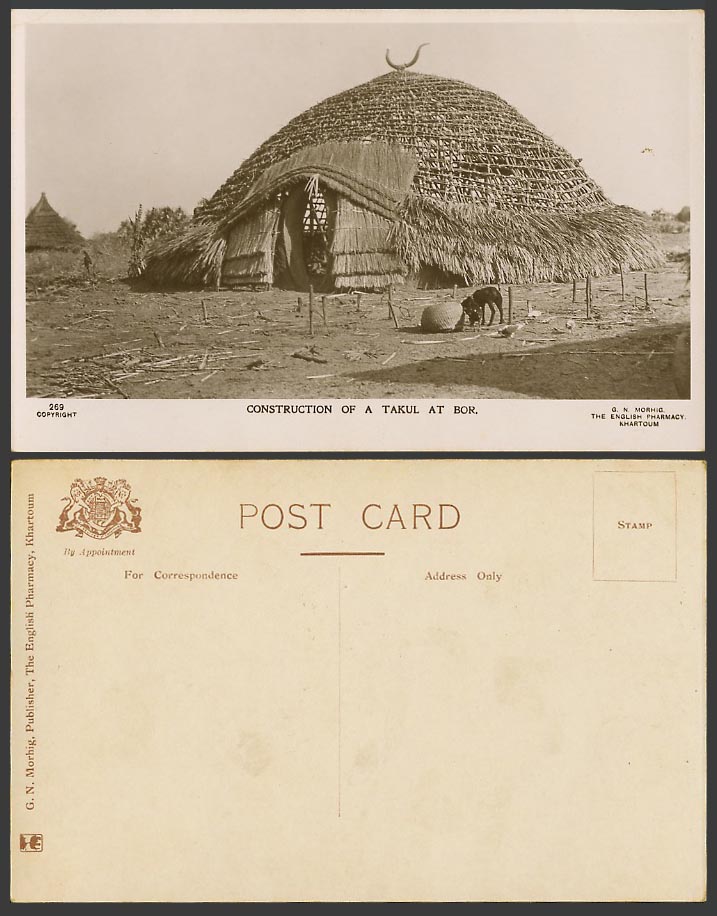 Sudan Old Real Photo Postcard Construction of a Takul at Bor, Native House Hut