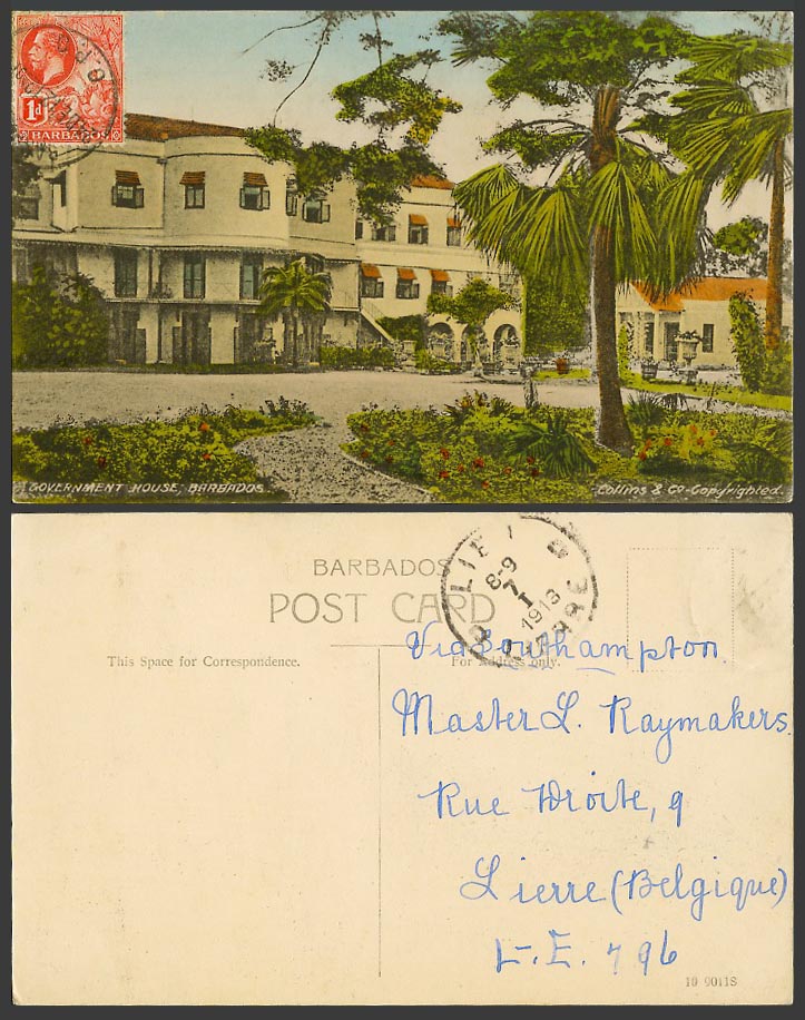 Barbados KG5 1d 1913 Old Postcard Government House Garden Palm Trees, to Belgium
