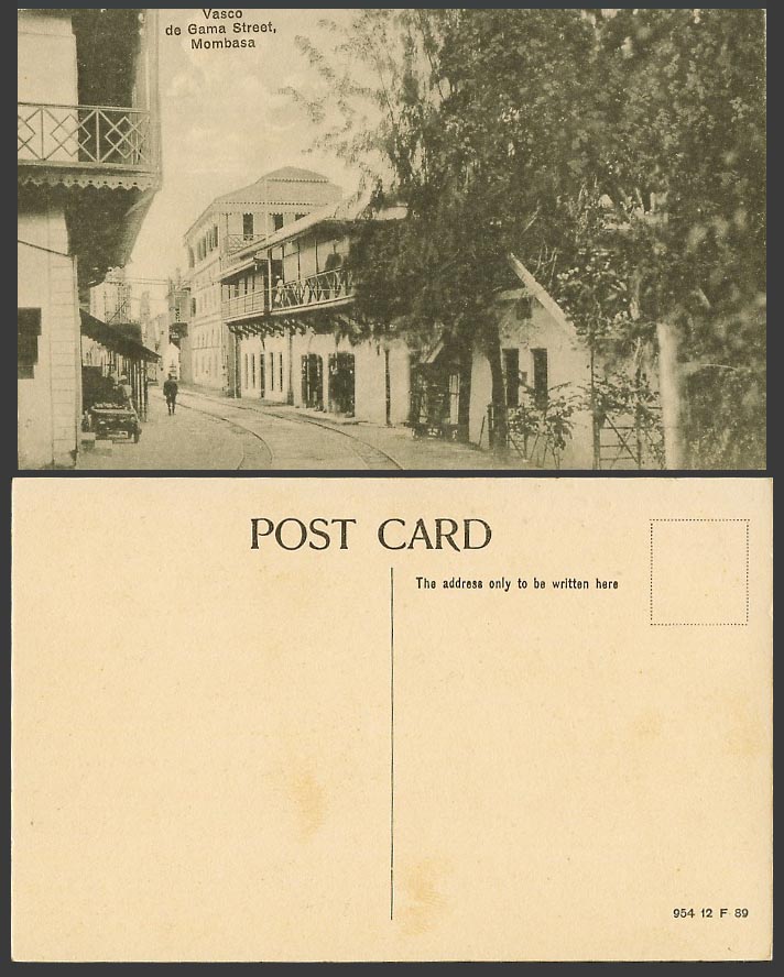Kenya Old Postcard Mombasa Vasco de Vasco da Gama Street Scene, Tramlines Houses