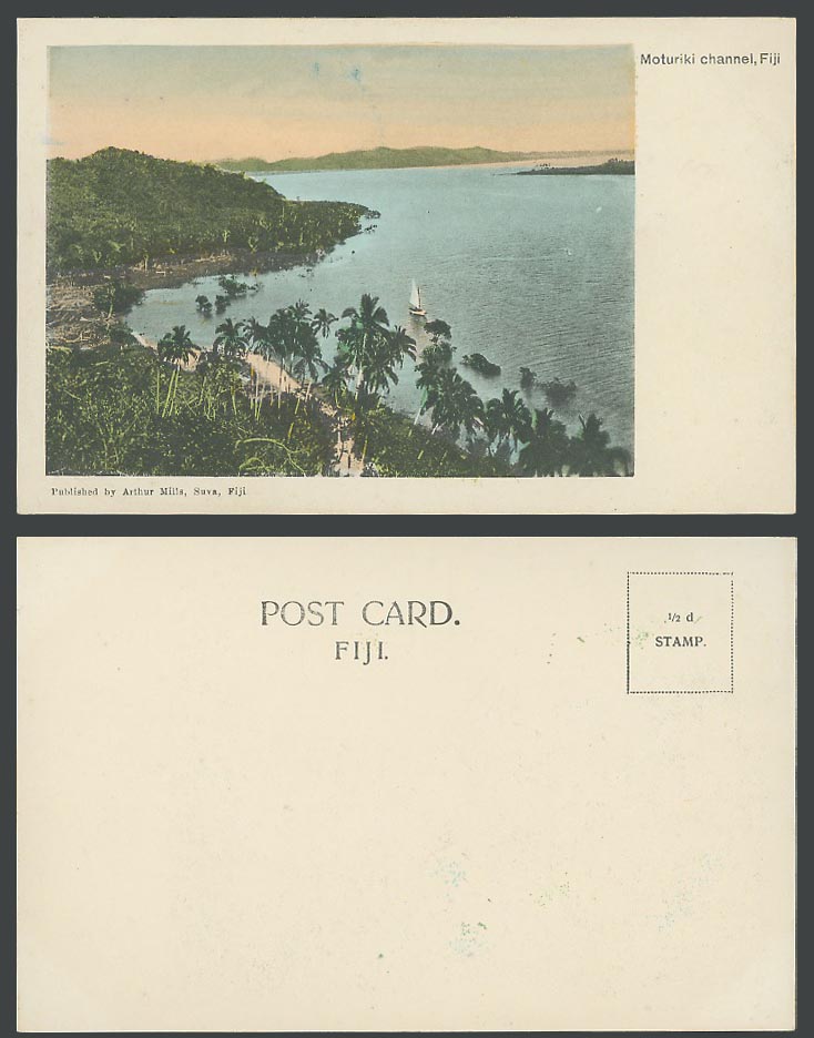 Fiji Old Hand Tinted UB Postcard Moturiki Channel Marine Channel Palm Trees Boat