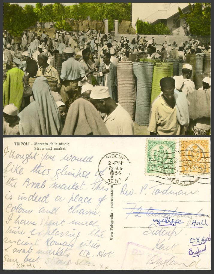 Libya 5m & 20m 1956 Old Postcard TRIPOLI, Straw Mat Market, Mercato delle Stuoie