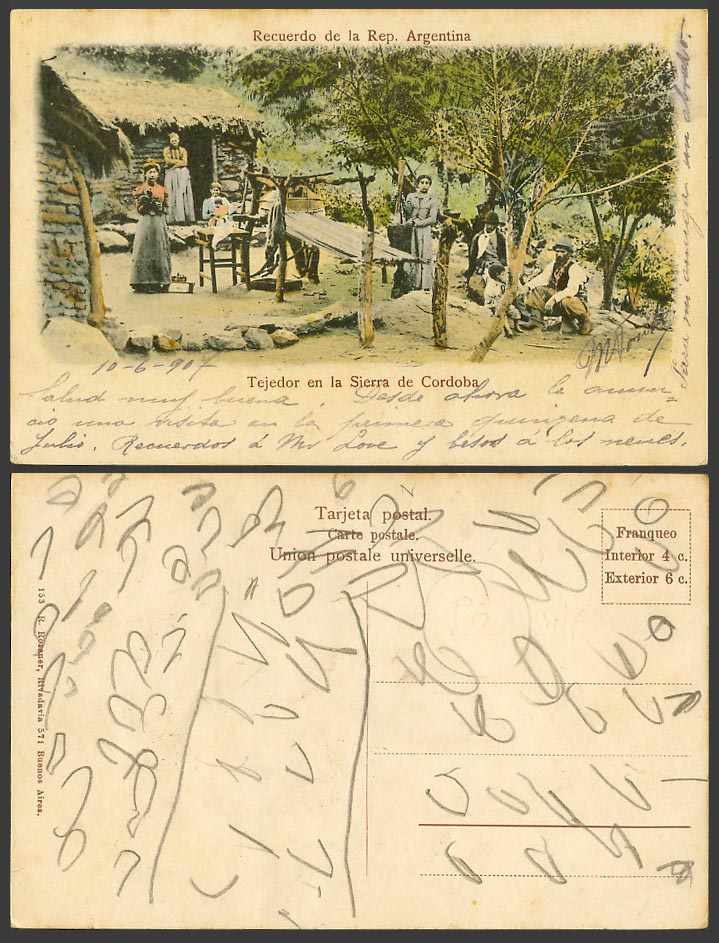 Argentina 1907 Old Hand Tinted Postcard Weaver - Tejedor en la Sierra de Cordoba