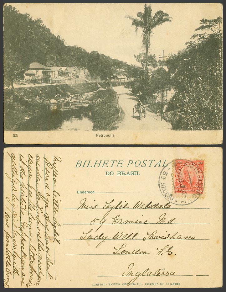 Brazil 1907 Old Postcard Petropolis River Scene Street View Palm Tree Horse Cart