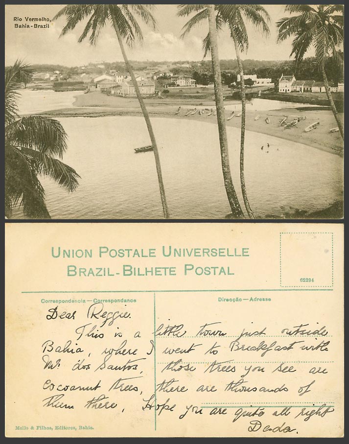 Brazil Old Postcard RIO VERMELHO, Bahia, Native Boats Canoes on Beach Palm Trees