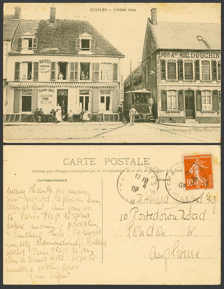 France 10c 1909 Old Postcard ETAPLES - Hotel Ioos Mon Morel Douchin TRAM Tramway