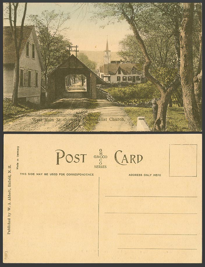 USA Old Hand Tinted Postcard Enfield N.H. West Main Street & Universalist Church