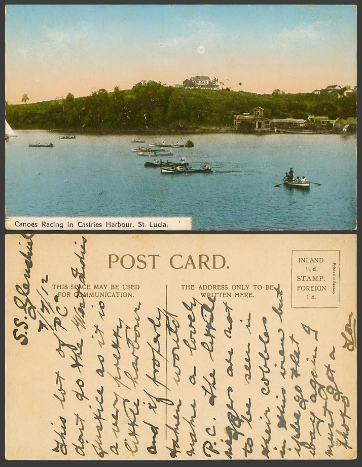 Saint St. Lucia 1912 Old Postcard Native Canoes Racing in Castries Harbour Boats
