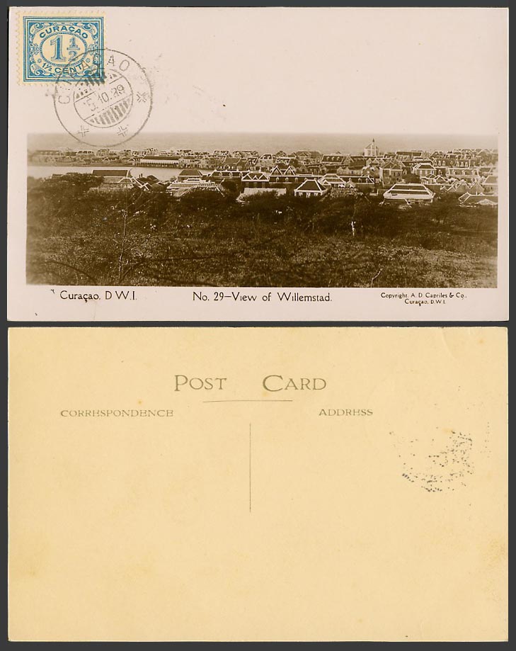 Curacao 1 1/2d 1929 Old Real Photo Postcard Willemstad Panorama - Dutch Antilles