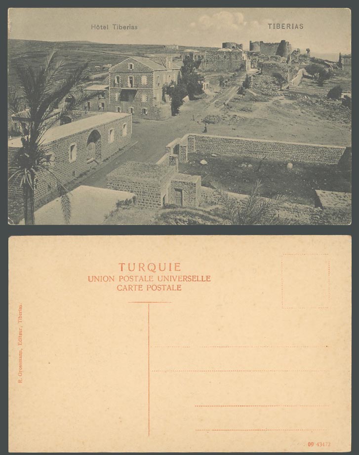 Palestine Old Postcard Hotel Tiberias Street Scene Ruins Palm Tree Fort Fortress