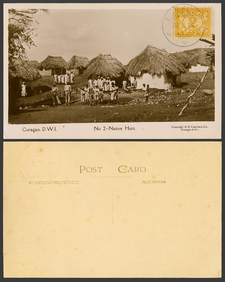 Curacao D.W.I. 2c 1929 Old Real Photo Postcard Native Huts Village Houses Ethnic